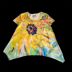 Leoma Lovegrove Sunflower Tunic Rhinestone Asymmetrical Hem Art Print Top L